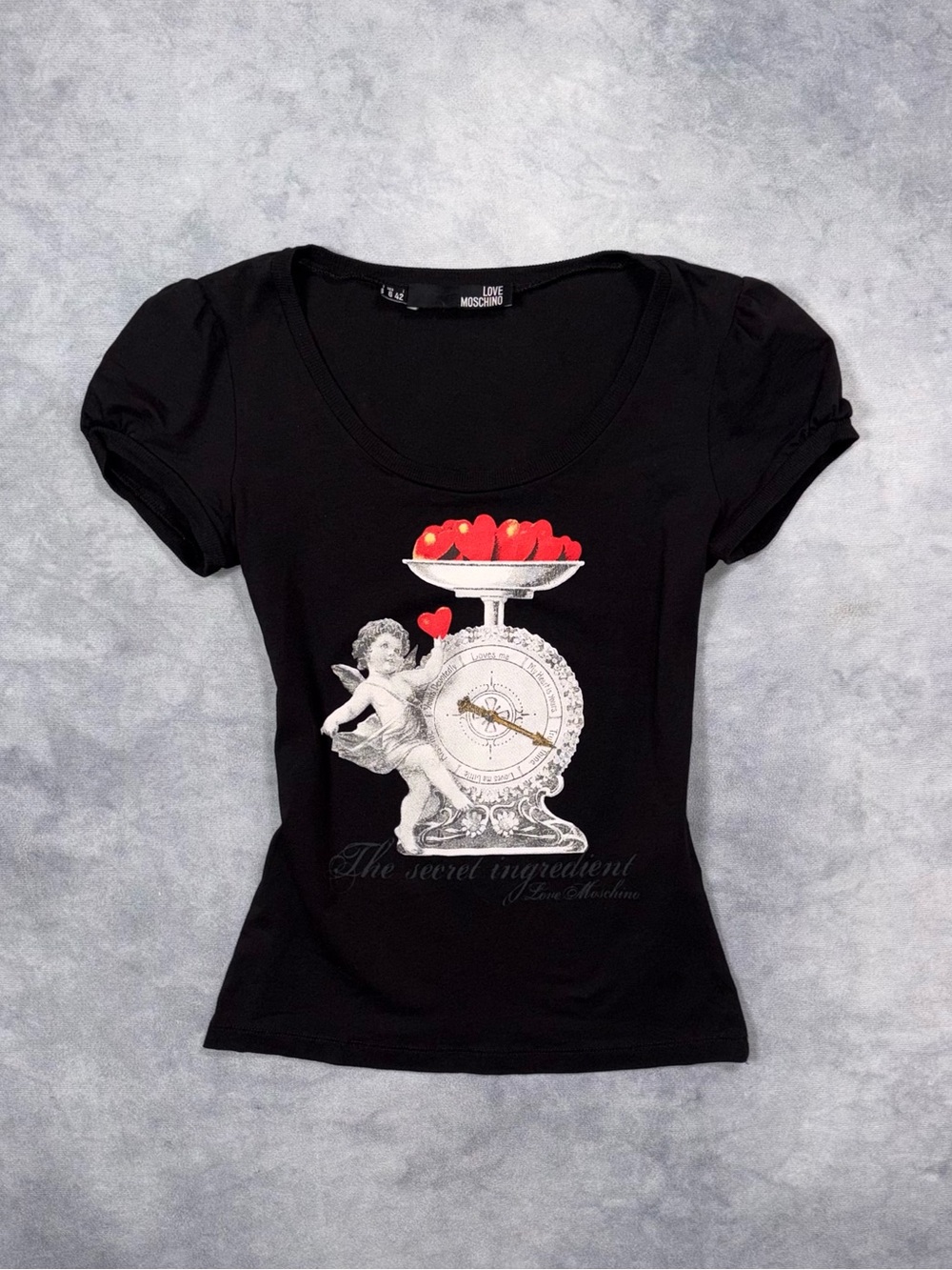 Moschino Black Tee with Red and White Graphic